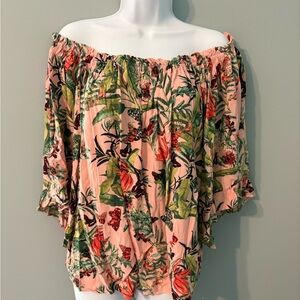H&M Tropical Print Off-Shoulder Blouse - Pink and Green